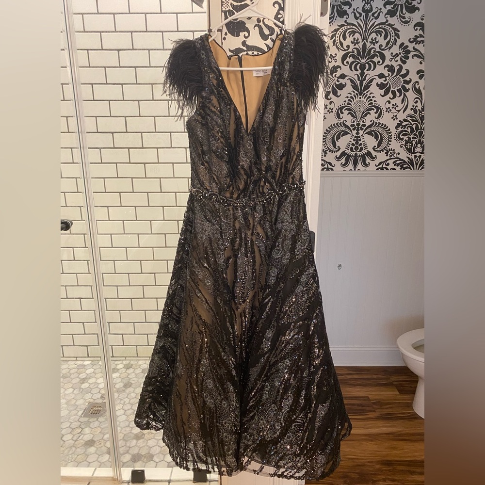Mac Duggal Feather Sleeved A Line Formal Dress